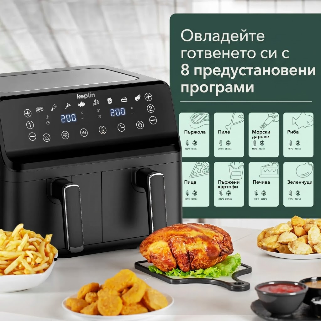 Двузонов фритюрник с горещ въздух Keplin – енергоспестяващ уред за готвене с 6 функции – изключително голям капацитет за здравословни ястия – печене, запичане, сушене, хрупкава коричка – семеен размер (9 / 9,5 л). - Image 2