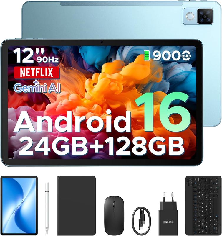 【Última versión Android 16】Tablet DOOGEE U12 VIP con Android 16, pantalla de 12 pulgadas, 24 GB de RAM + 128 GB de almacenamiento ampliable hasta 2 TB, Gemini AI, teclado y lápiz incluidos, batería de 9000 mAh con carga de 18 W, cámaras de 13 MP + 8 MP, tablet infantil con procesador Octa-Core, Widevine L1, OTG y Face ID.