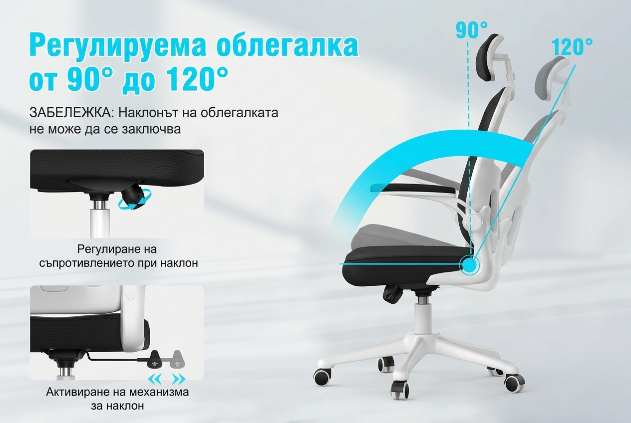 Офис стол за гейминг и бюро, ергономичен, с подглавник, регулируем и с лумбална опора, облегалка от дишаща мрежа, сгъваеми подлакътници на 90°, въртене на 360° (SF168-002). - Image 4