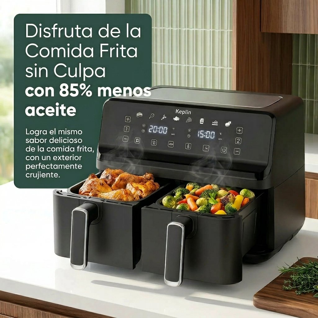 Freidora de aire Keplin de doble zona: freidora de bajo consumo con 6 funciones de cocción, capacidad extragrande para comidas saludables. Asa, hornea, deshidrata y deja los alimentos crujientes. Tamaño familiar de 9 / 9,5 L. - Bild 2
