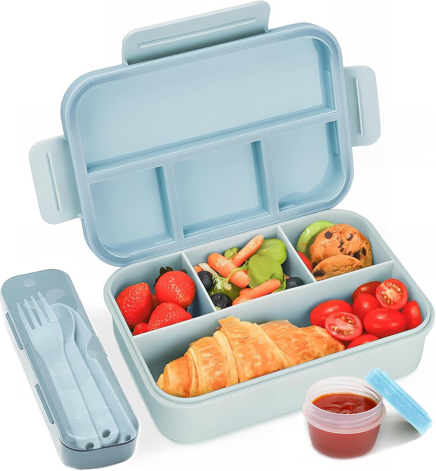 Bugucat Brotdose mit Fächern 1300ML,Lunchbox Kinder Auslaufsicher mit 4 Fächern,Lunch Box Bento Box mit Fächern für Kinder und Erwachsene,Vesperdose Frühstücksbox für Jungen&Mädchen Blau - Image 2